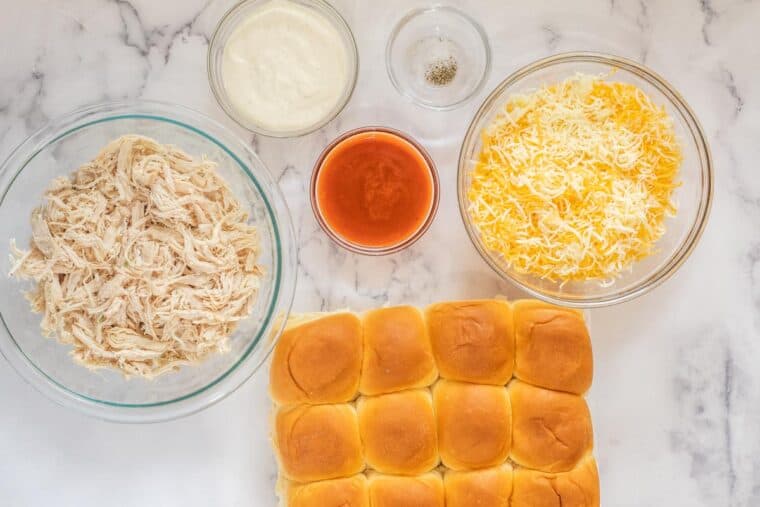 All the ingredients needed for homemade buffalo chicken sliders. 