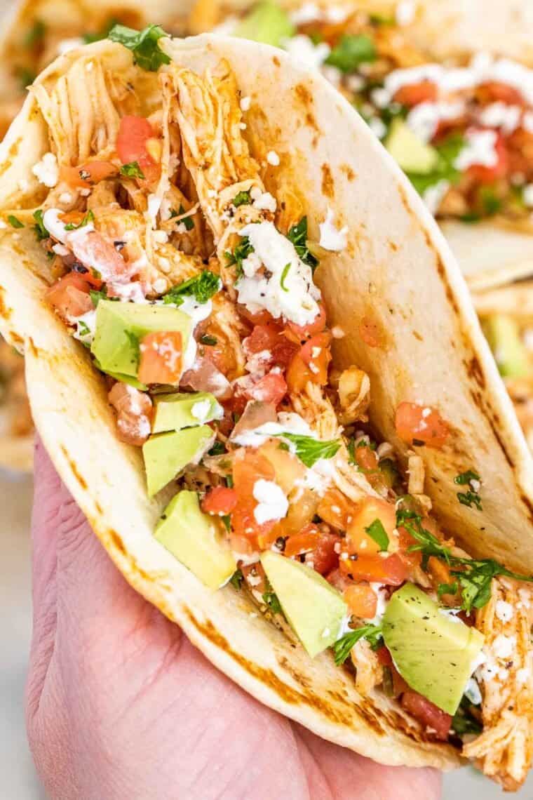 A hand holding a shredded chicken taco loaded with tomatoes and cilantro. 