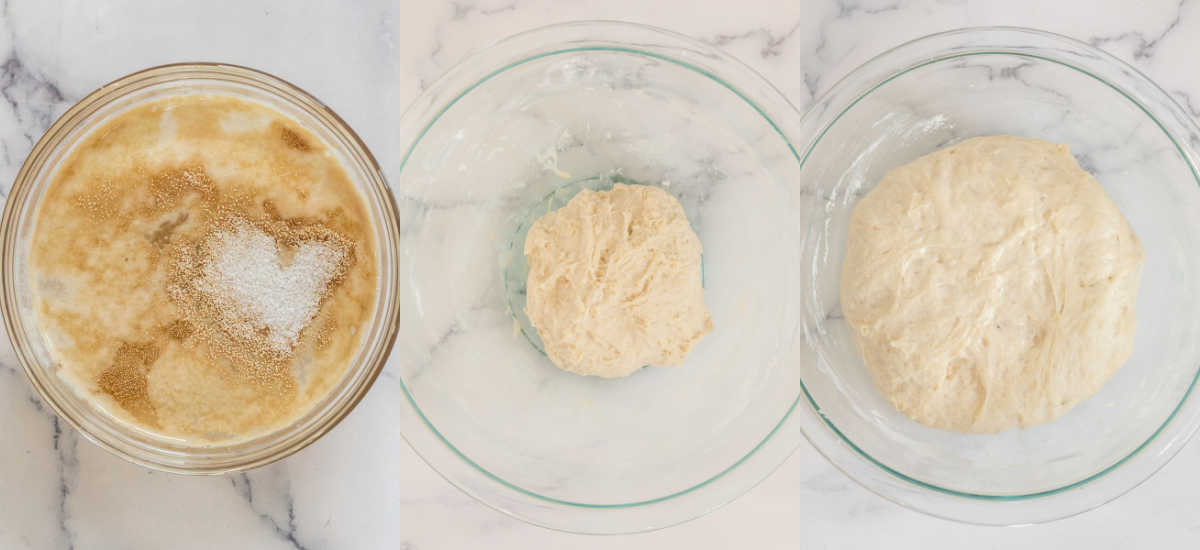 Step by step collage of how to make homemade flatbread dough. 