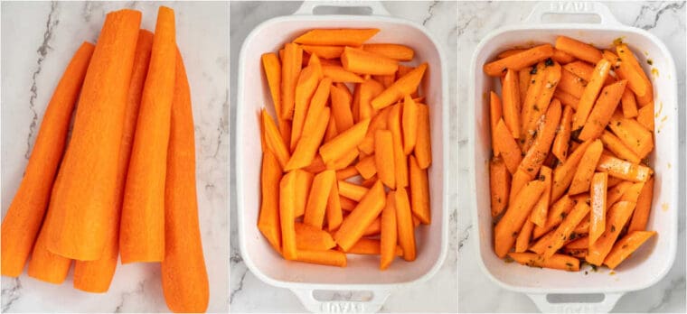 Step by step collage of how to make homemade honey glazed carrots. 