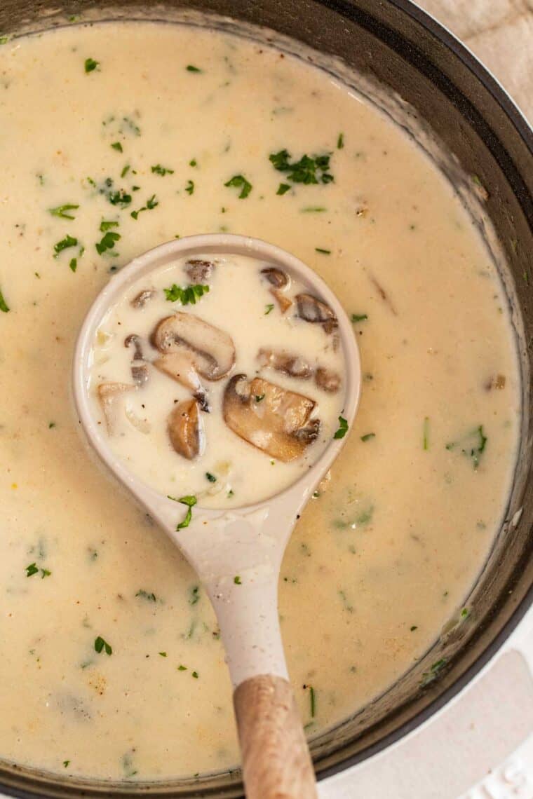 A Dutch oven of creamy mushroom soup with a wooden ladle. 