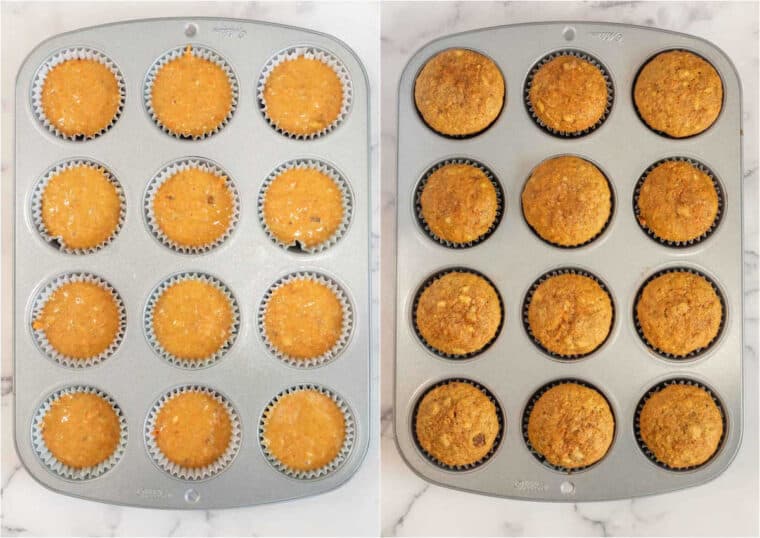 Step by step collage of how to make carrot cupcakes and how to bake. 