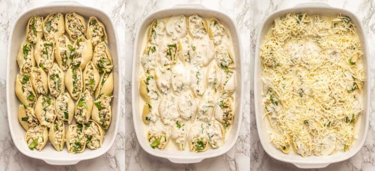 Step by step collage of how to make homemade creamy chicken alfredo stuffed shells. 