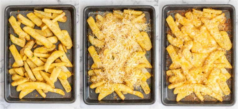 Step by step collage of how to make loaded cheese fries. 