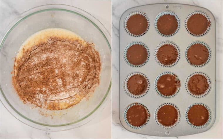 A step by step collage of how to make homemade chocolate cupcakes. 
