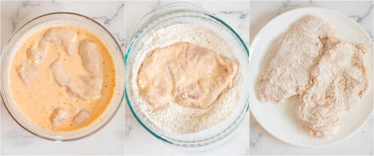 Step by step collage of how to make spicy buttermilk chicken sandwich. 