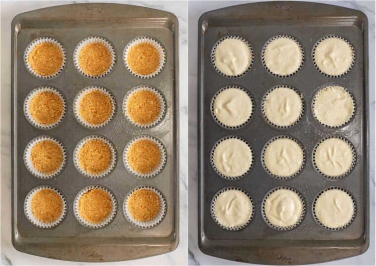 Step by step collage of how to make homemade mini cheesecake bites. 