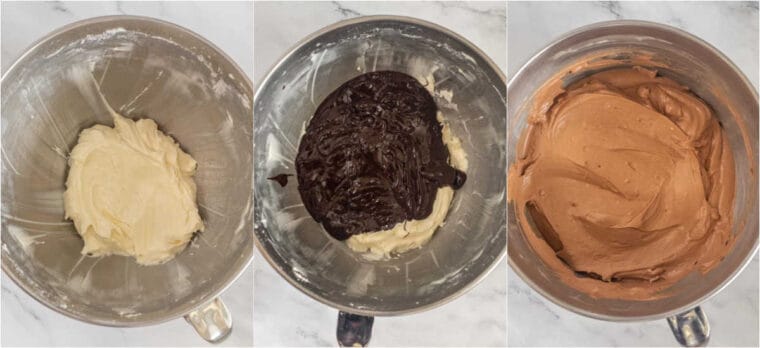 Step by step collage of how to make homemade chocolate mousse frosting.