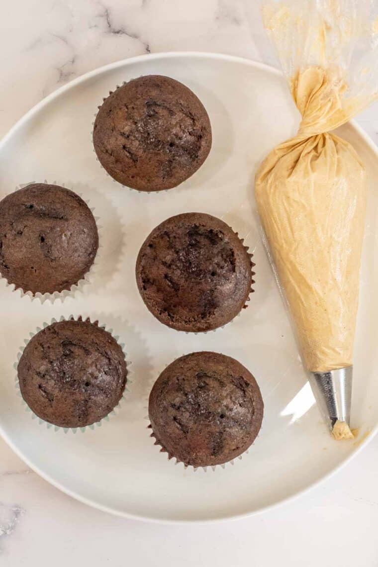 Peanut butter frosting in a piping bag with chocolate cupcakes on a white plate. 