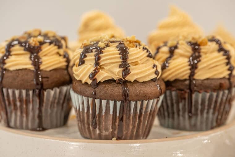 Chocolate cupcakes on a plate with chocolate drizzle. 