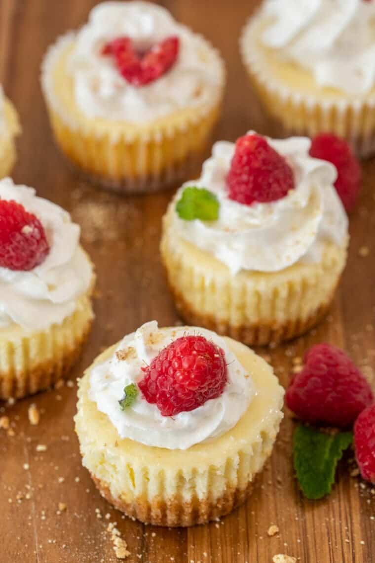 Mini cheesecake bites on a cutting baord topped with whipped cream and fresh raspberries. 