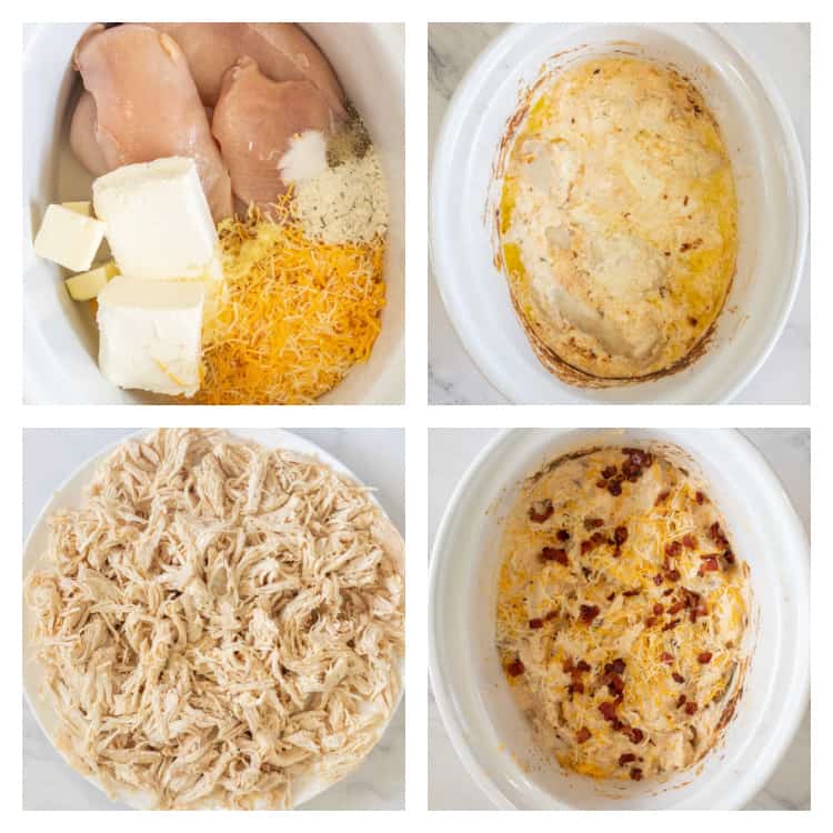 Detailed tutorial collage of images how to make Ranch Chicken in Crockpot.