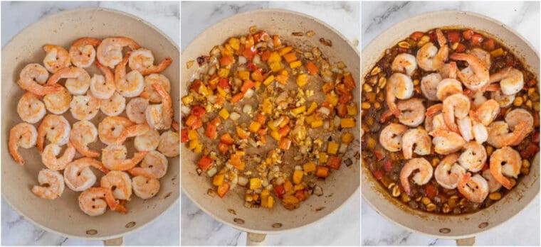 Step by step collage for how to make homemade kung poa shrimp. 