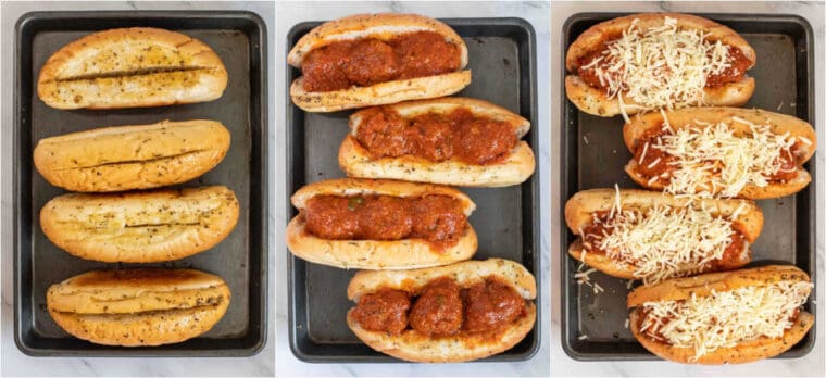Step by step collage for how to make homemade meatball subs. 