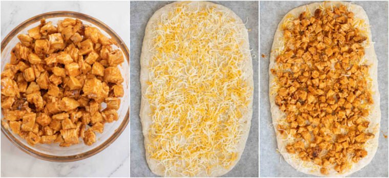 Step by step collage of how to make homemade buffalo chicken flatbread. 
