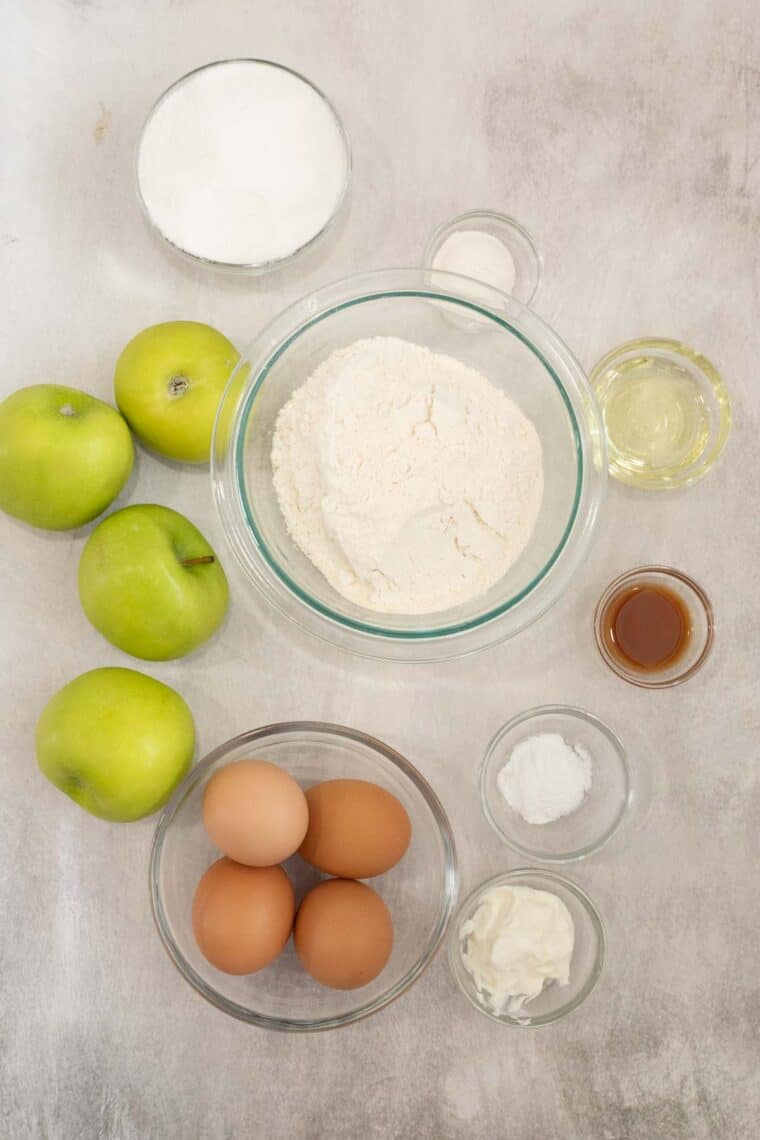 All ingredience needed for apple cake recipe.