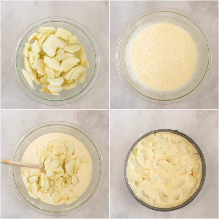 Four step by step pictures of how to make batter for apple cake.