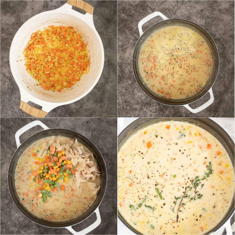 Set by step pictures of how to make chicken pot pie soup.