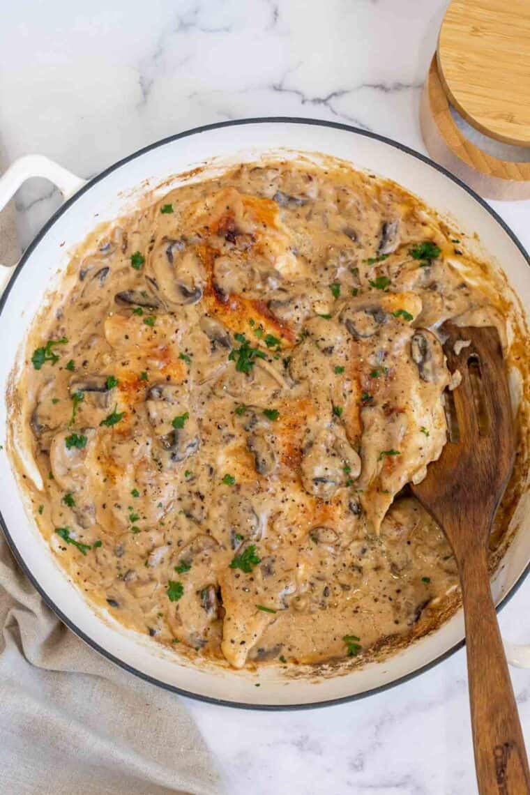 Chicken stroganoff smoothered in a rich and creamy sauce.