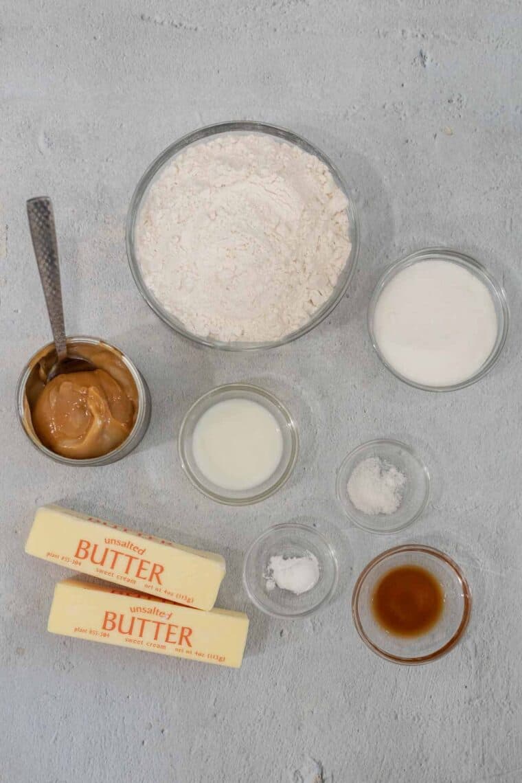 Ingredients needed to make dulce de leche cookies.