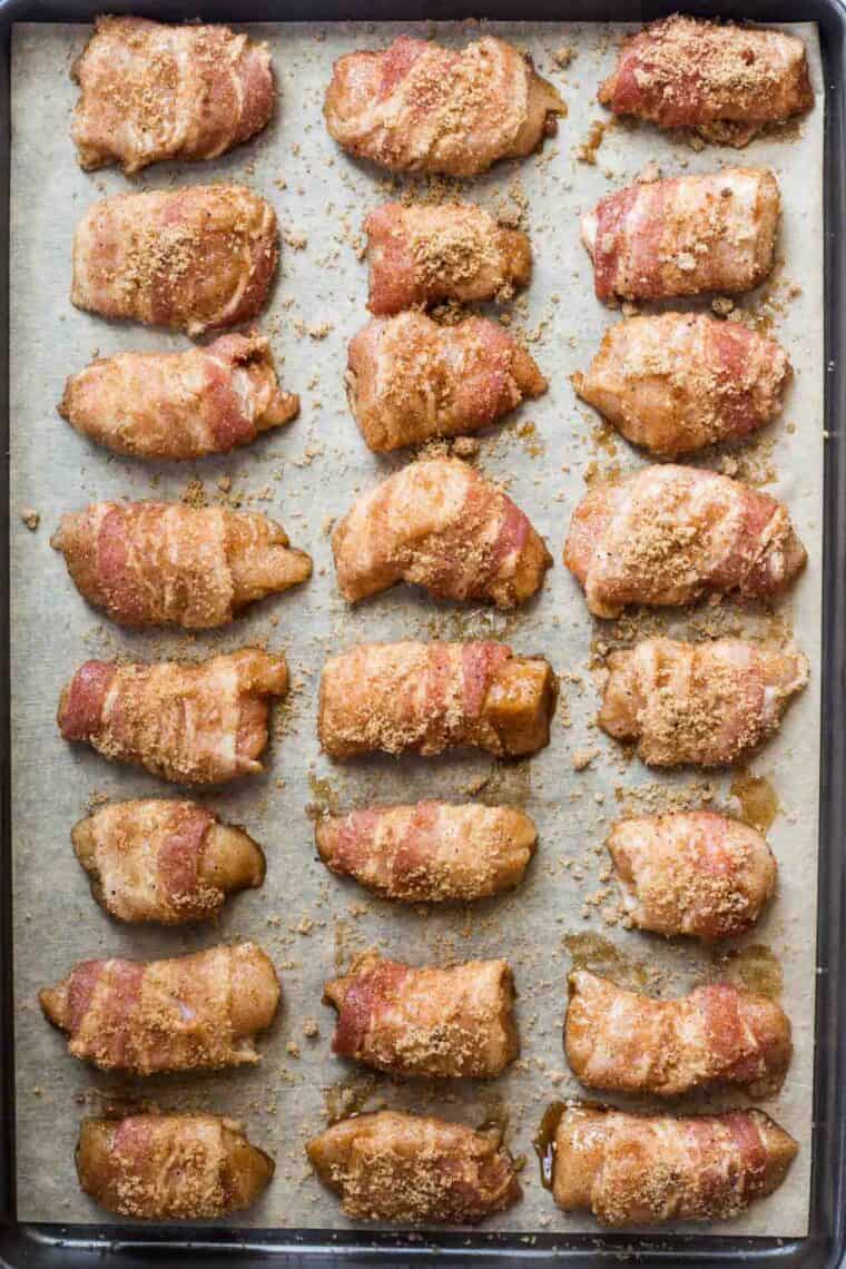 Bacon wrapped chicken topped with a brown sugar seasoning.