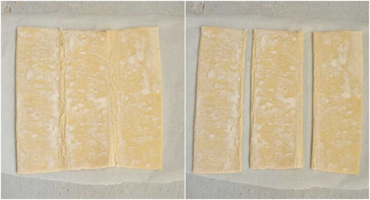 Collage how to cut puff pastry layers. 