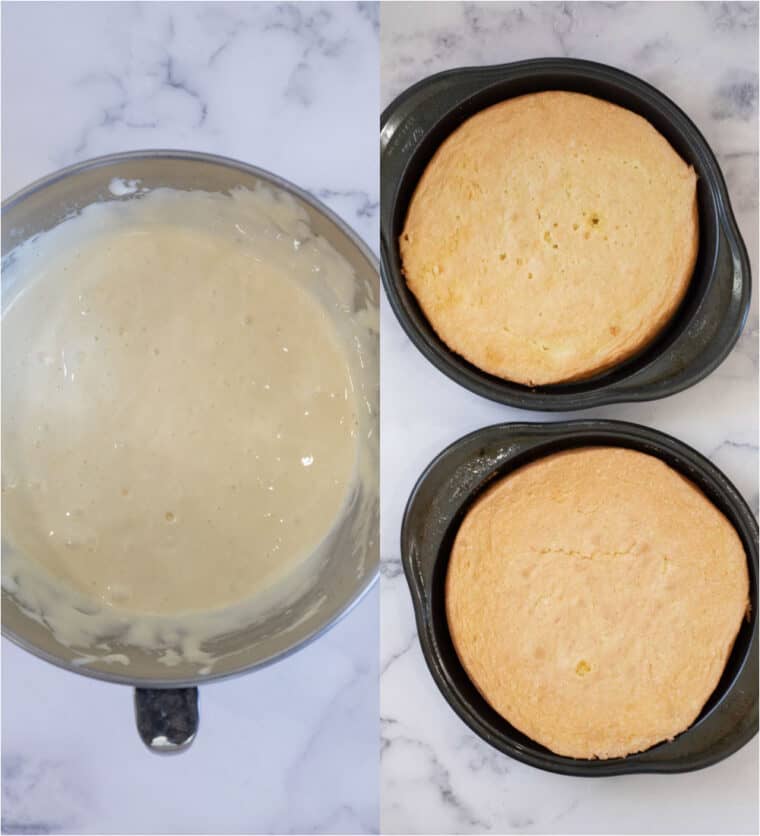 Before and after of cake fluff being baked.