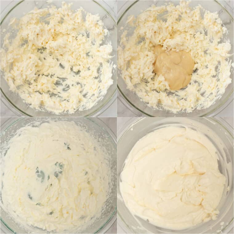 Step by step picture collage of how to make dip recipe.
