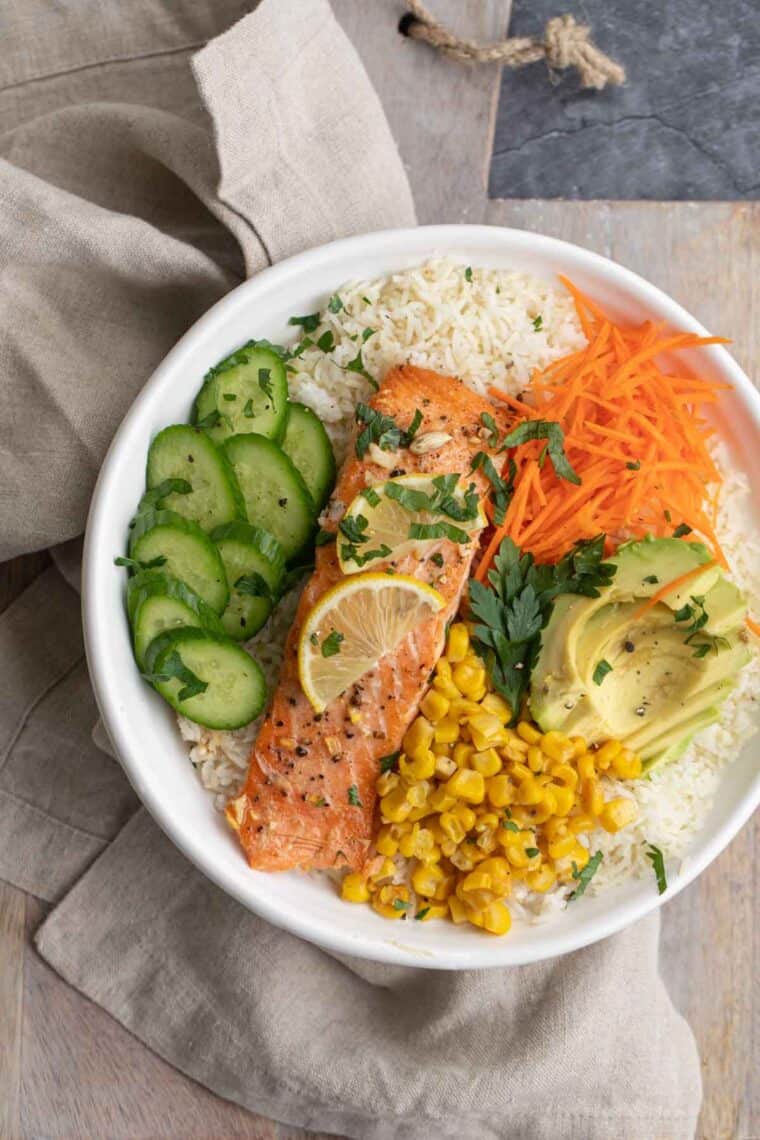 Close up of finished Salmon Bowl Recipe mixed with all ingredients.
