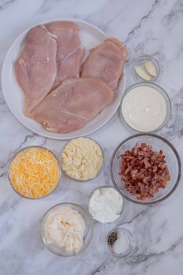 All ingredients needed to make chicken bacon ranch baked recipe.