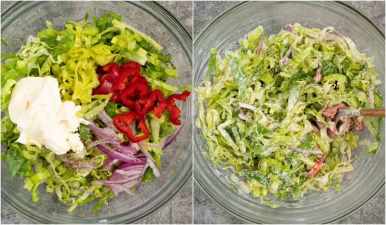 Step by step of how to assemble the slaw salad for your sandwich recipe.
