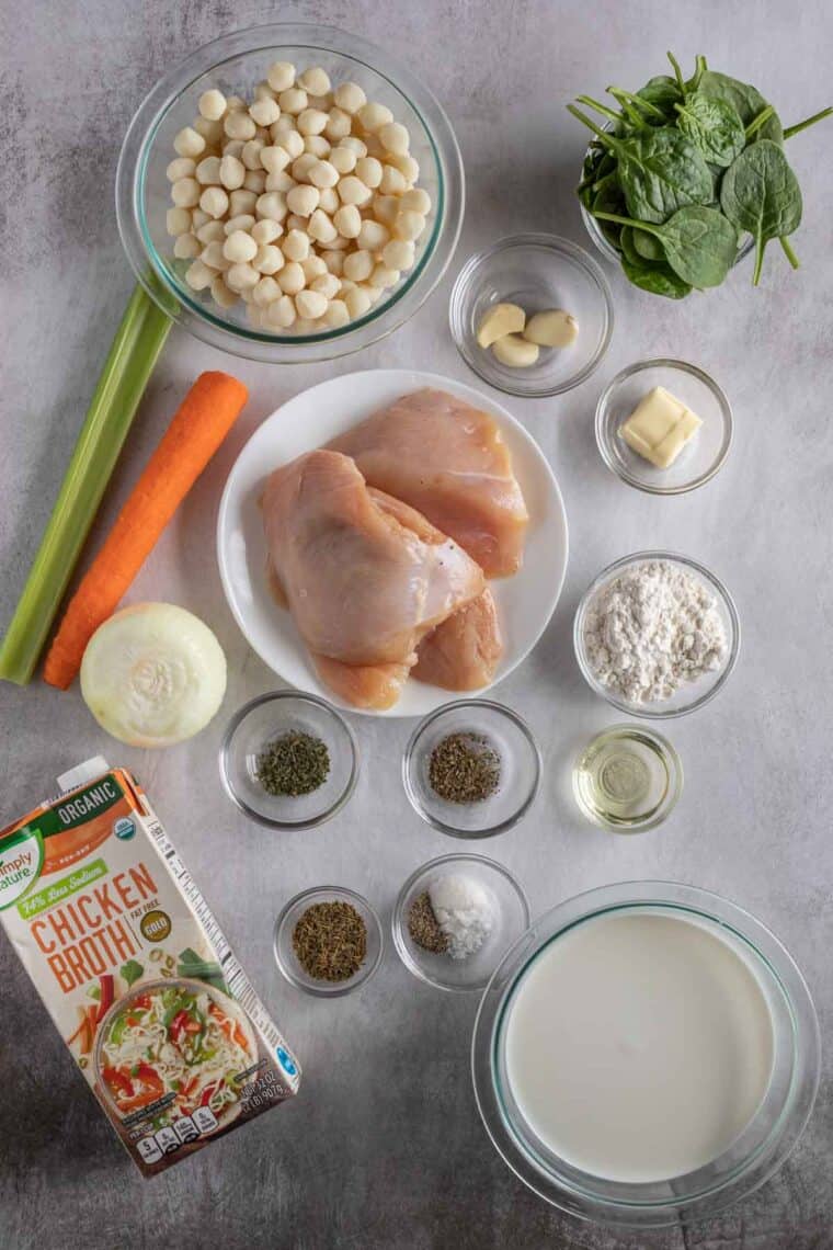 All ingredients needed to make chicken and gnocchi soup recipe.