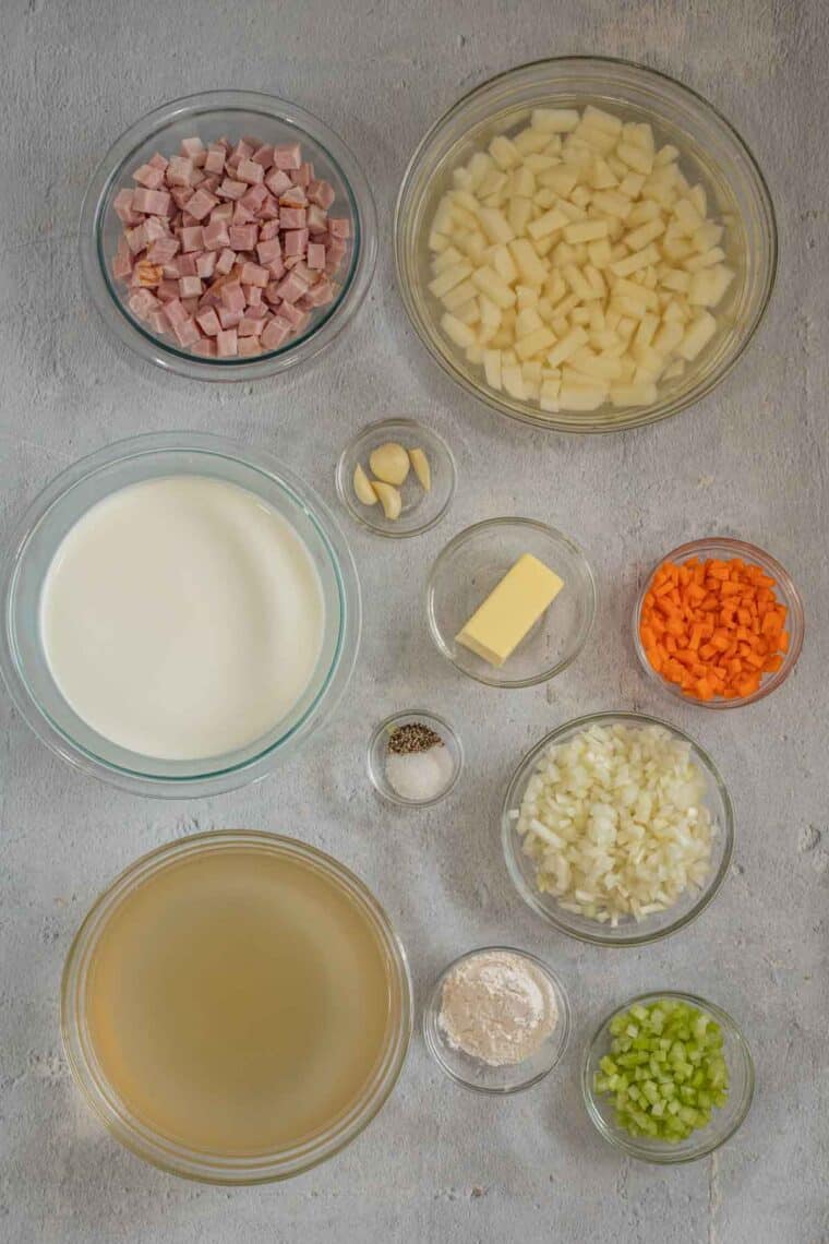 All ingredients needed to make ham and potato soup.