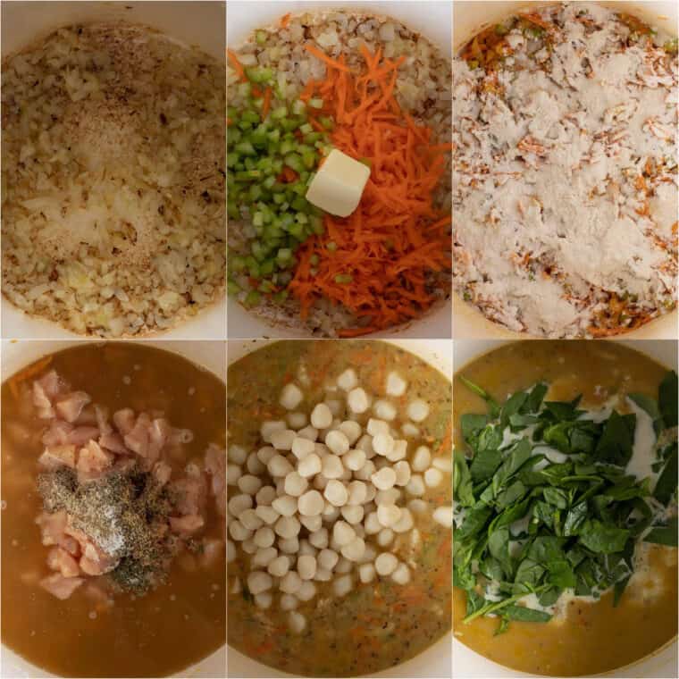 Step by step collage of how to make chicken and gnocchi soup.