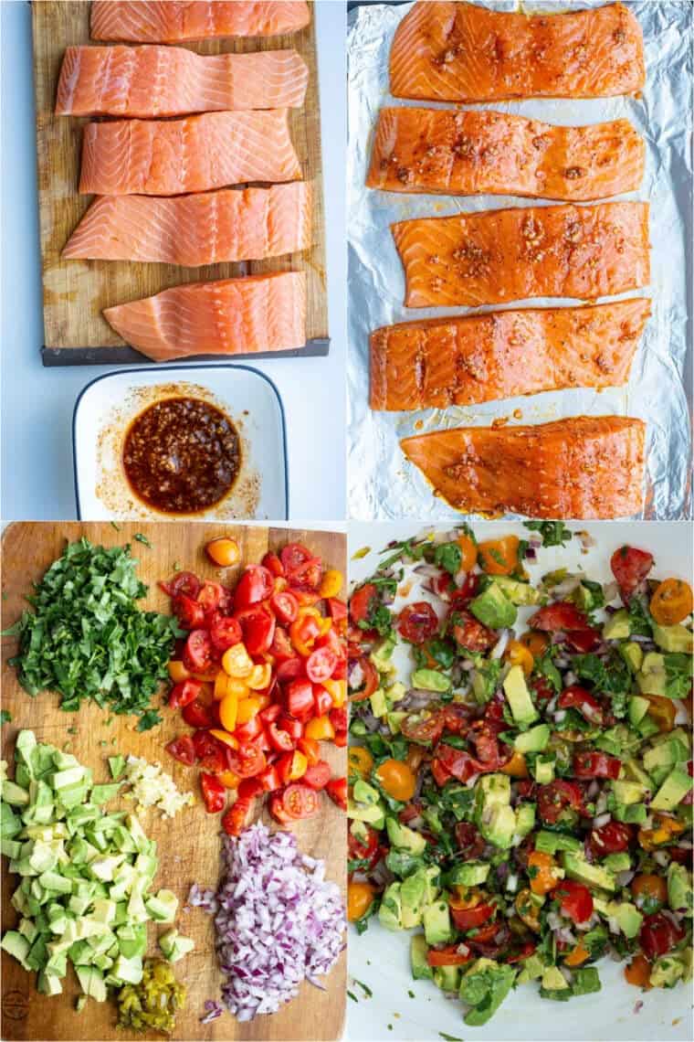 Step-by-step collage how to make the best salmon.