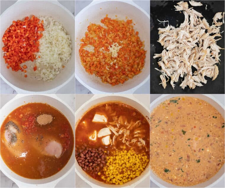 Step by step collage of how to make chicken taco soup.