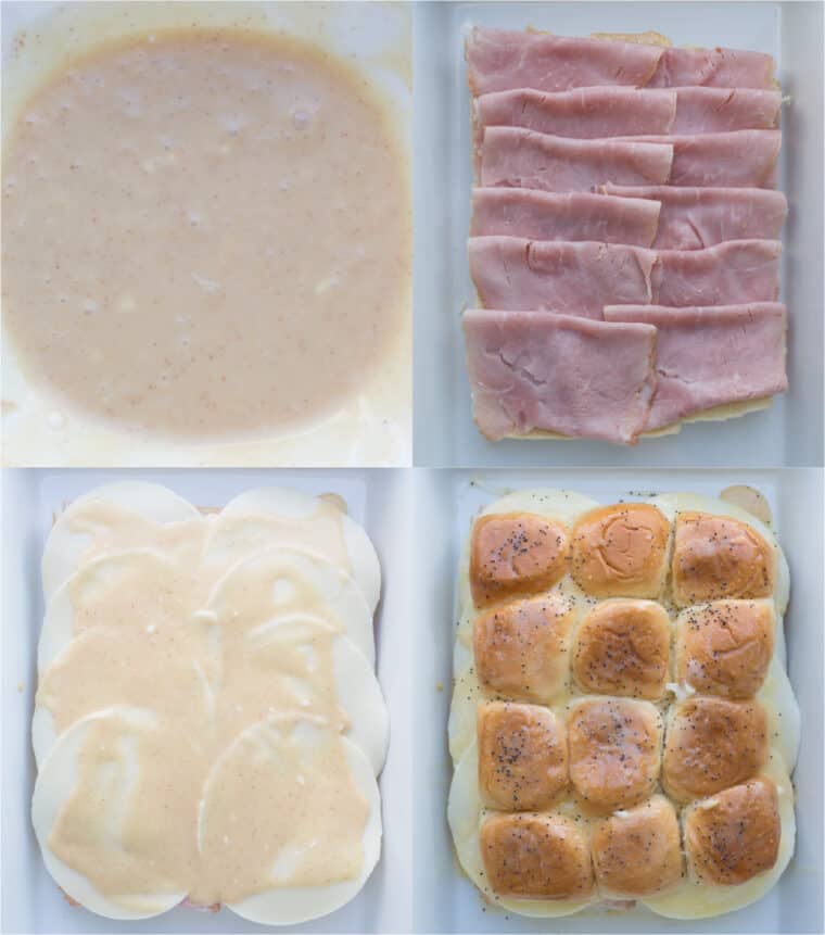 Step by step collage of how to make ham and cheese sliders.