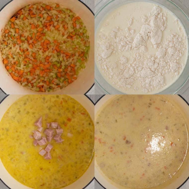 Step by step collage of how to make ham and potato soup.