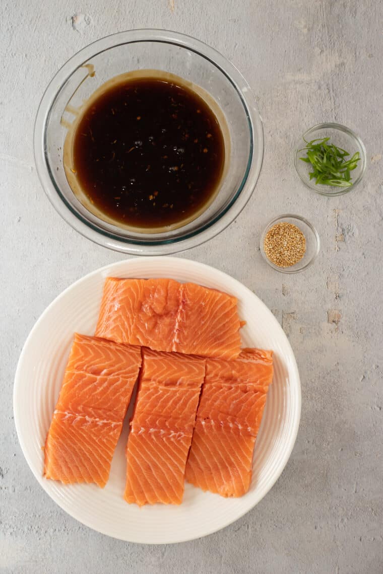 All ingredients needed to make baked teriyaki salmon recipe.