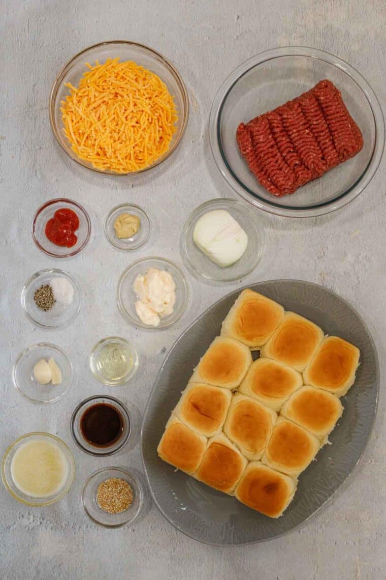All ingredients needed to make cheeseburger sliders.