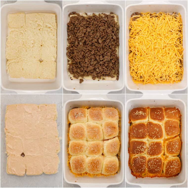 Collage pictures of how to assemble cheeseburger sliders.
