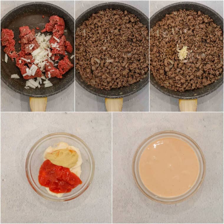 Collage step by step of how to cook meat and how to make sauce for cheeseburger sliders.