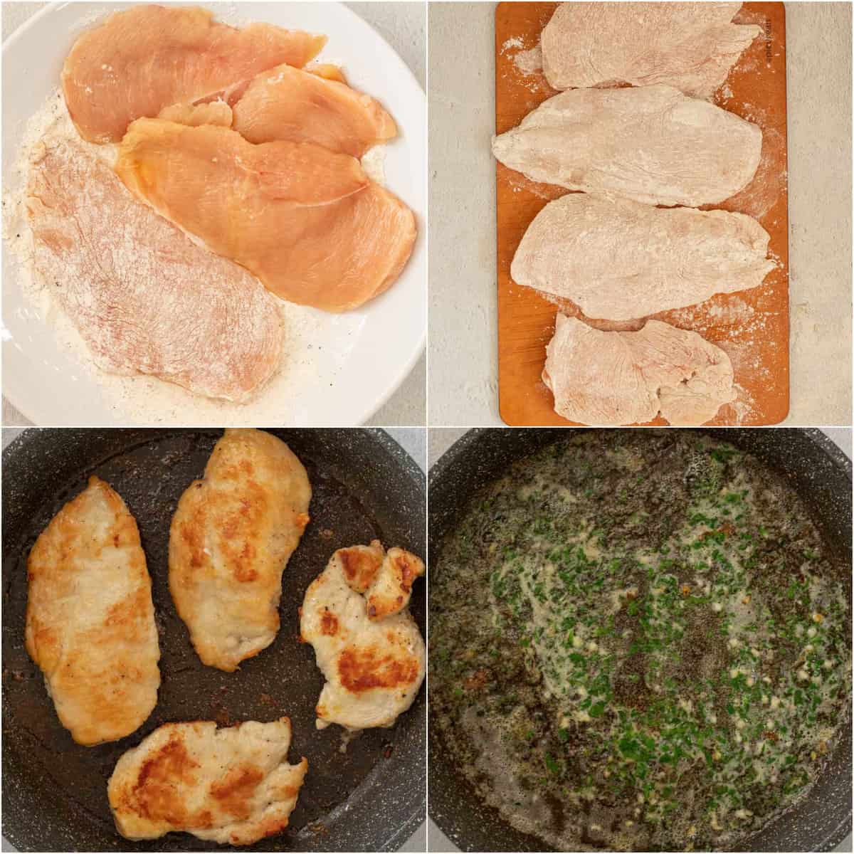Step by step collage of how to make garlic buetter sauce and chicken.