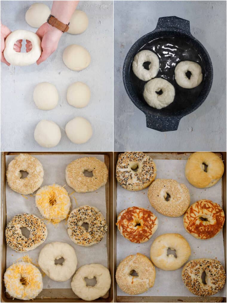 Step by step photo collage on how to shape, top, ad bake homemade bagels.