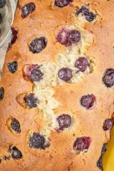 Sweet blueberry bread sided with banans and fresh blueberries.