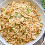 Sqaure image of chicken fried rice.