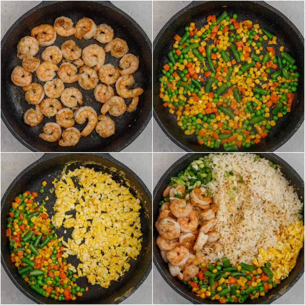 Step by step collage of how to make shrimp fried rice.