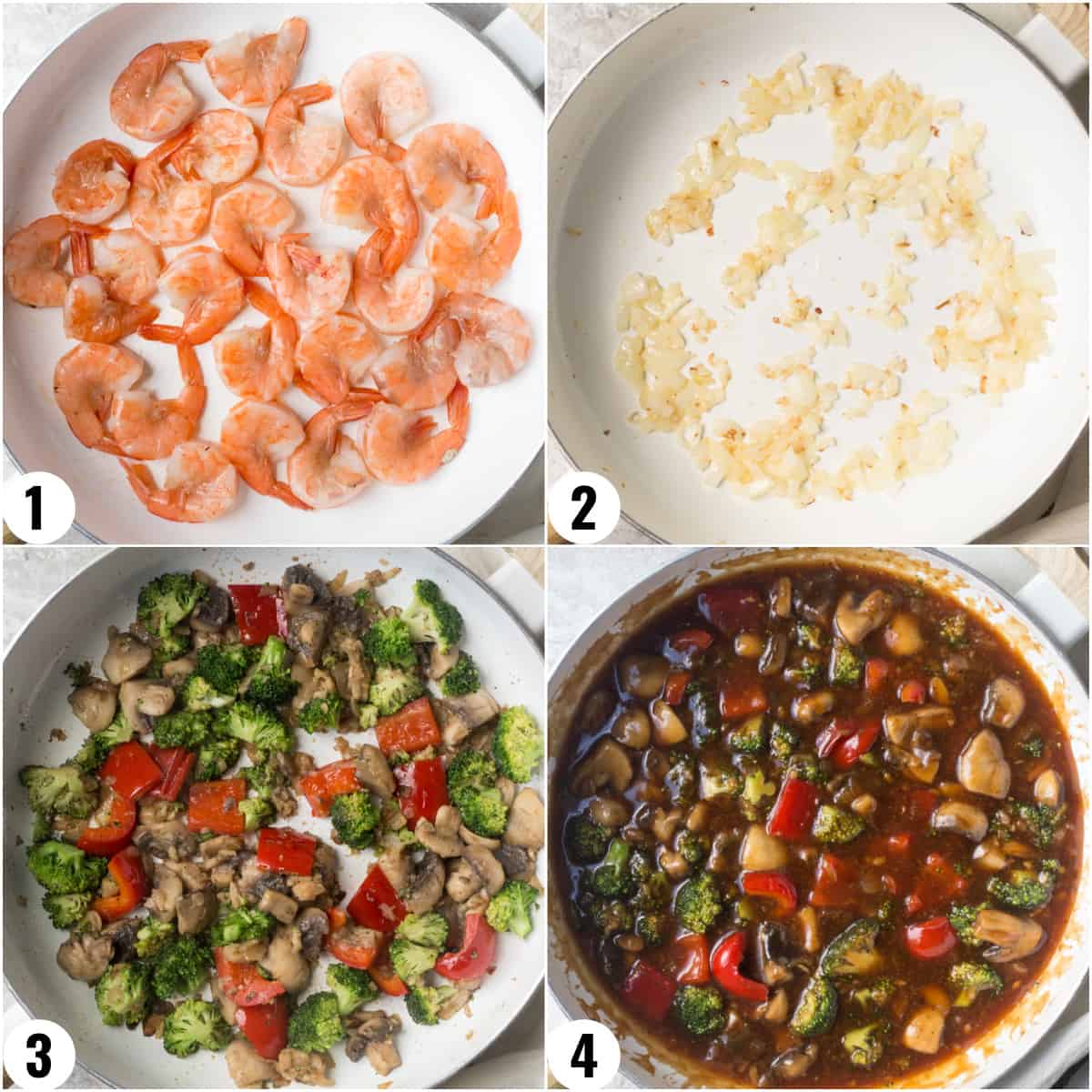 Step-by-step images on how to make shrimp stir fry.
