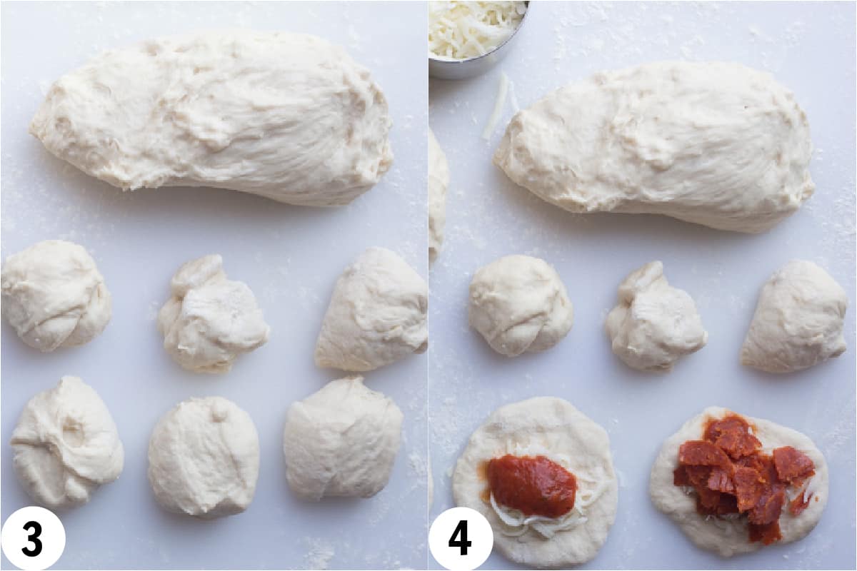 Third and fourth step on how to make pizza rolls.