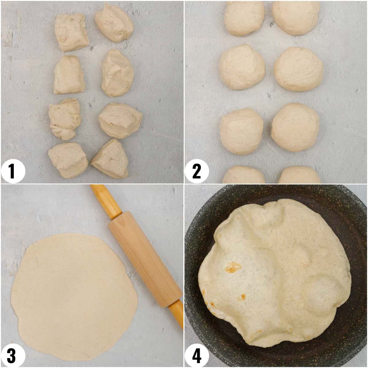Step by step collage image of how to shape and cook pita bread.